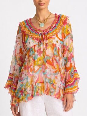 Silk Floral Boho Blouse Johnny Was Jade Gal Ruffle Tie Prismatic Dream XS